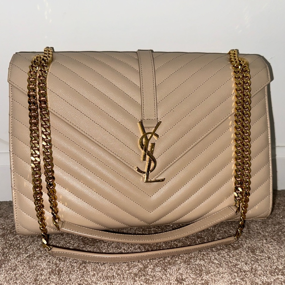 Authentic SAINT LAURENT Matelasse Large Monogram Satchel in Dark Beige.
